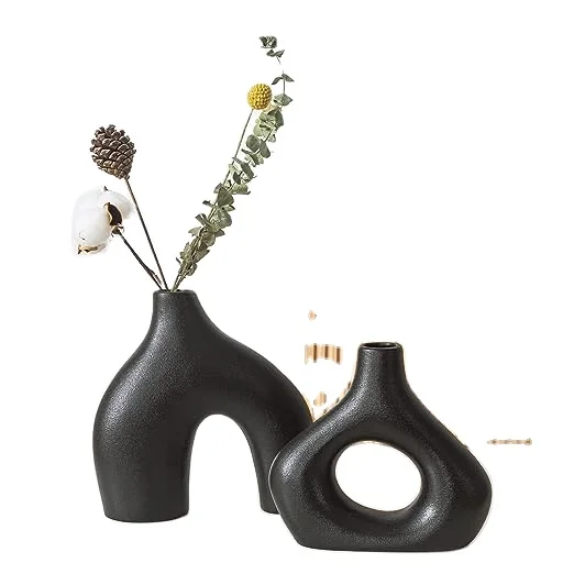 Set of 2 Ceramic Vase for Pampas Round  Neutral Boho Matte White Ceramic Vase Modern Nordic Minimalism Style Donut Vase