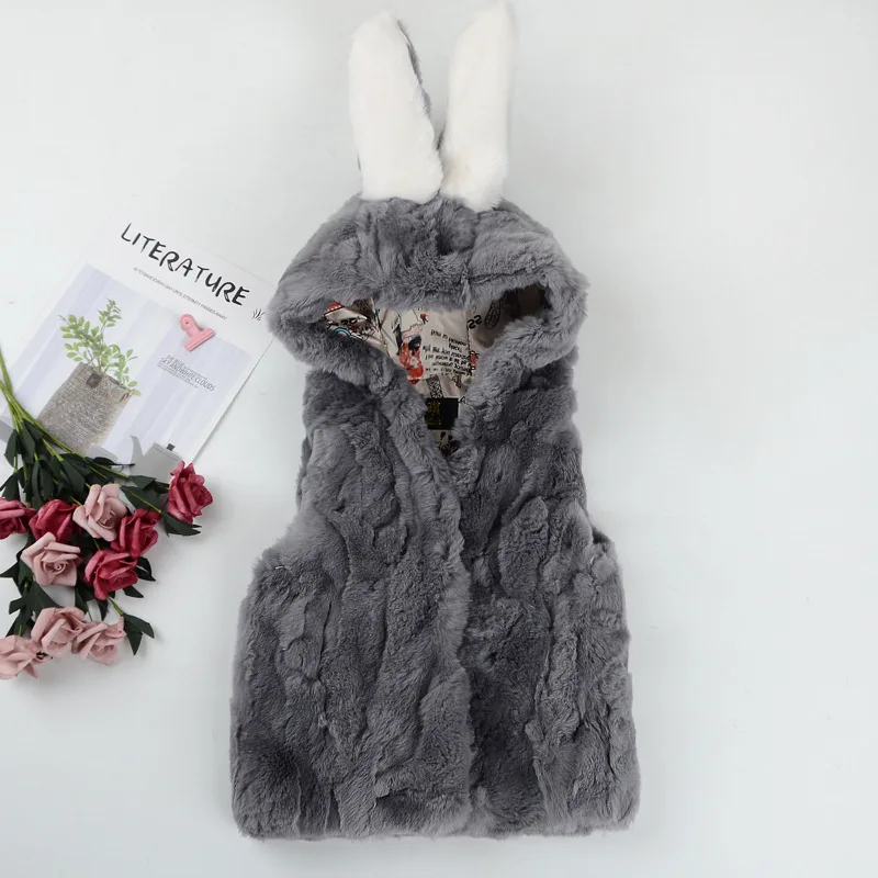 Фабричный Лидер продаж, зимний жилет, Детский жилет из кроличьего меха с выдрой, пальто из кроличьего меха для девочек, шапка с кроличьими ушками, осенне-зимний жилет