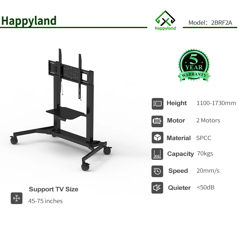 BRF2A Modern Electric Height Adjustable TV Lift Portable Mobile TV Trolley Cart Pedestal Stand with Wheels Rotate 360 Degree