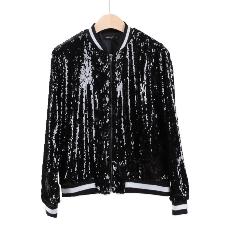 WINGTU OEM Casual Sequin Jacket Long Sleeve Sparkly Bomber Baseball Jacket For Women