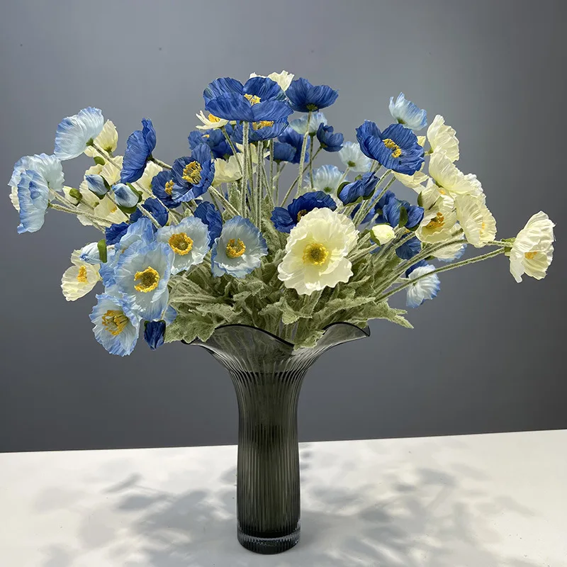 High Quality Home Decor 4 Heads Artificial Flocked Poppy Silk Flowers 60cm White Orange Yellow Blue Poppy For Wedding Decoration