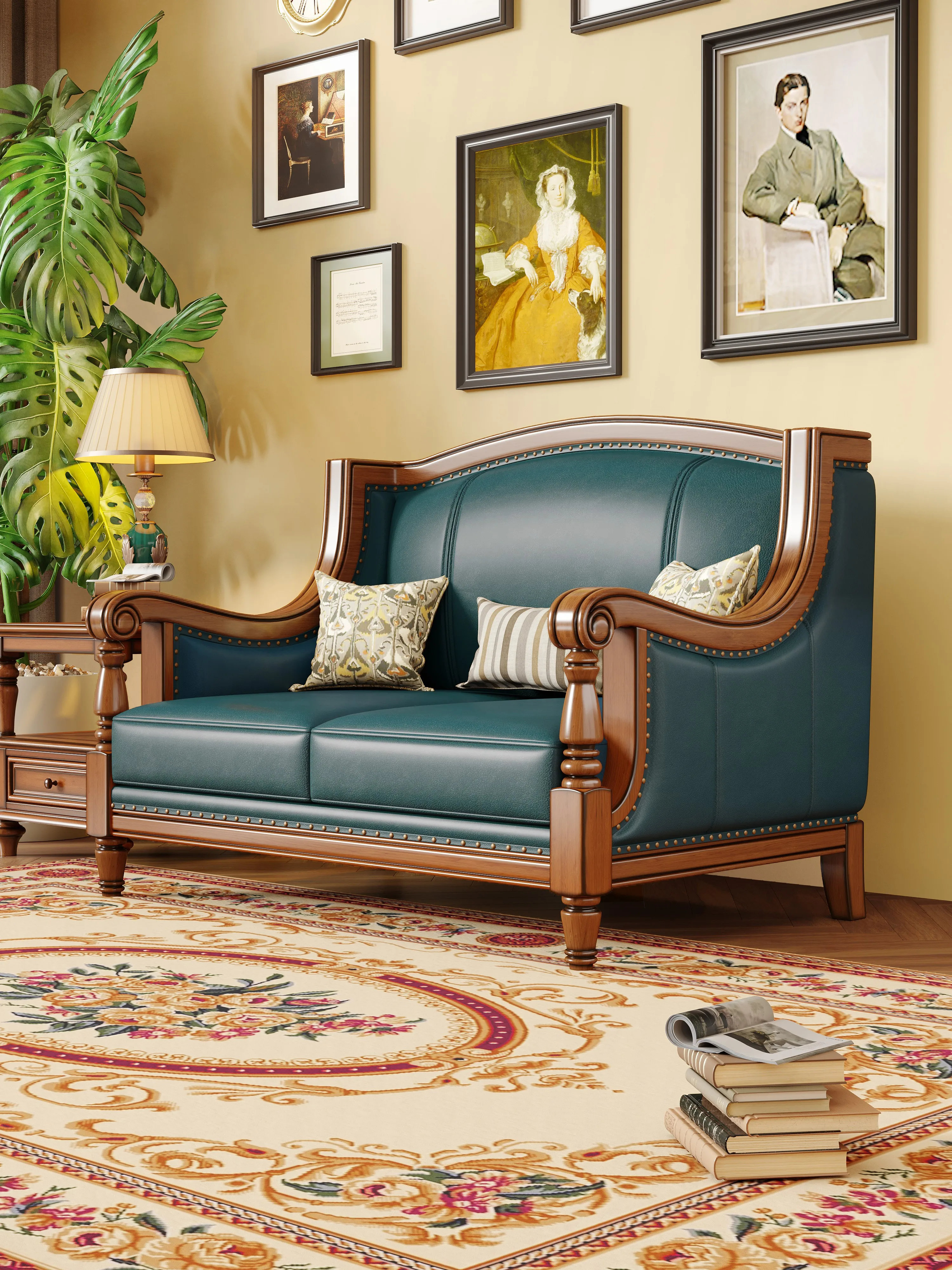 Solid Wood  1 2 3 Seater Sofa Set Antique American Living Room Furniture Top Grain Leather Sofa for Villa Home