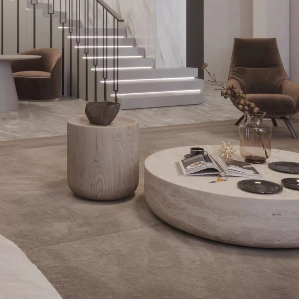 Modern Round Marble Coffe Table Natura Travertine Tea Table For Living Room
