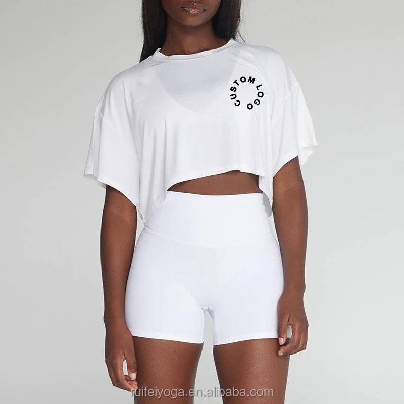 Custom Bamboo Fabric Cotton Spandex Ladies Oversized White Crop Tee Comfortable Breathable Yoga Gym Crop Top TShirt For Women