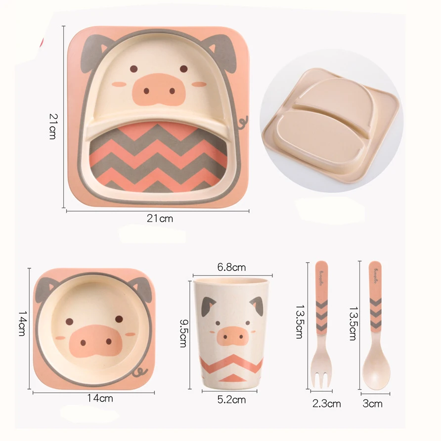 5pcs Sets Bamboo Cartoon Pattern Custom Plate Fiber Children Dinnerware Set
