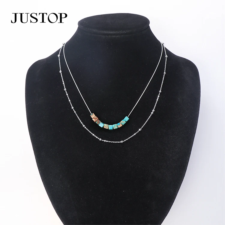 Wholesale Luxury Stainless Steel Natural Stone Double Layer Fashion Turquoise Choker Necklace Jewelry