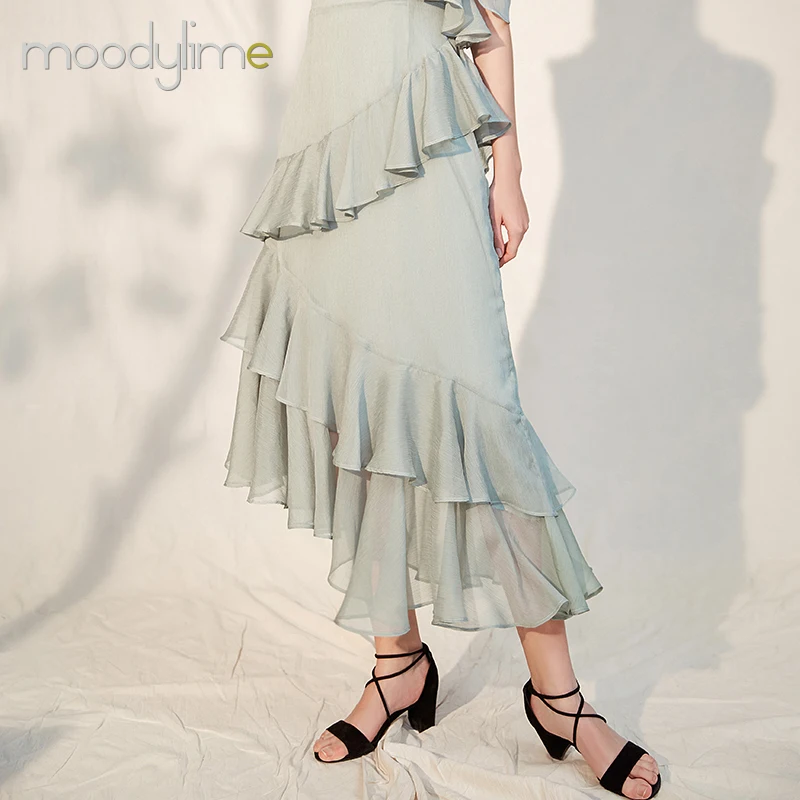 
Summer flouncing off-the-shoulder long classy dress asymmetrical ruffled chiffon medium length dress for women 