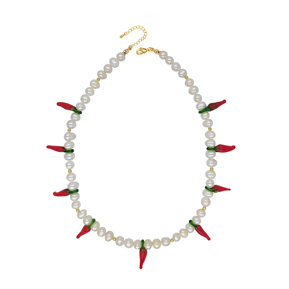 Innovative Design Chili Pepper Necklace Natural Freshwater Pearl Capsicum Handmade Beaded Necklace