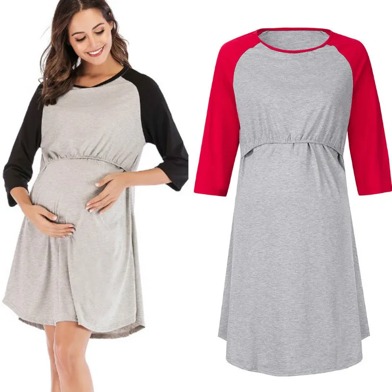 Женское осеннее Стильное повседневное платье с длинным рукавом реглан для кормящих мам Одежда для беременных женщин