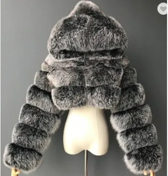 Women Winter Fluffy Furry Long Sleeve Jacket Hooded Full Zipper Solid Color Cropped Short Coat Luxury Thicken Warm Outwear S-8XL