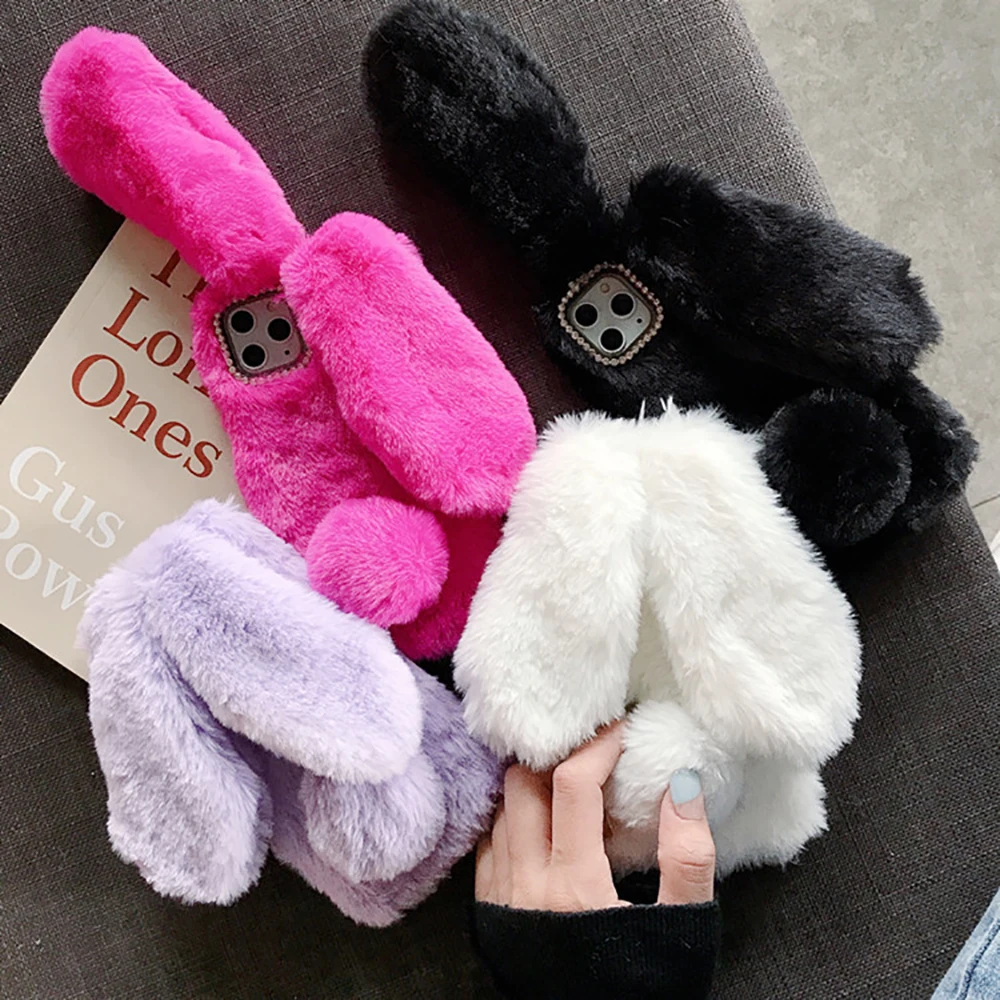 Lovely Girly Women Pink Rabbit Ear Mobile Phone Case Plush Soft Warm Cute Fur Fluffy Cell Phone Case For IPhone 13 pro