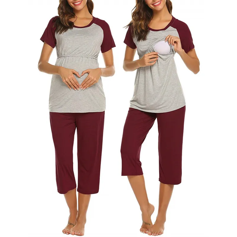
hot style maternity short sleeve solid color patchwork round collar breastling top and adjustable cropped pants pajamas set 