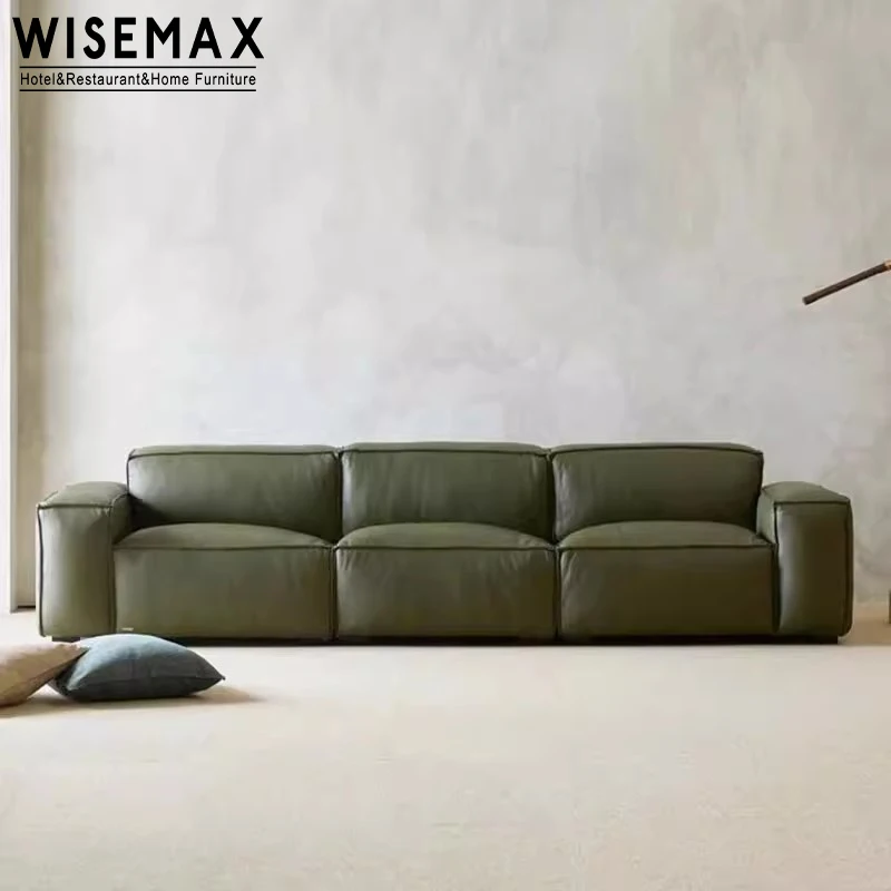 WISEMAX FURNITURE Italian Minimalist sofa sets pine wood down filled genuine leather living room modular couch 4 seats for villa