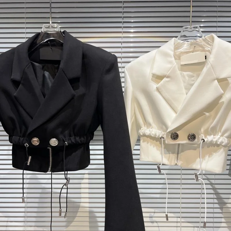 OUDINA Fashion Drawstring Design Celebrity Suit Jacket Blazer Crop Top Lades Women Cropped Blazer