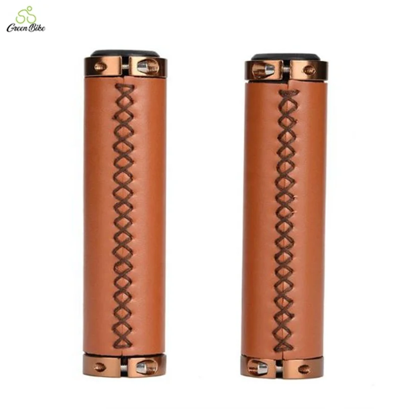 Vintage Cowhide Grip Cover Lockable Bike Handlebar Grips  Non-slip PU Leather Riding Accessories Bicycle Grips