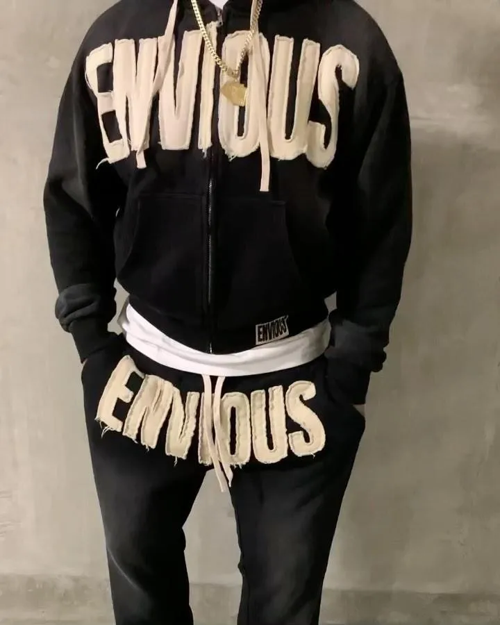 Custom Logo Distressed  French Terry Oversized Boxy Hoddies Applique Embroidery Patch Raw Edge Zipper Hoodies Men