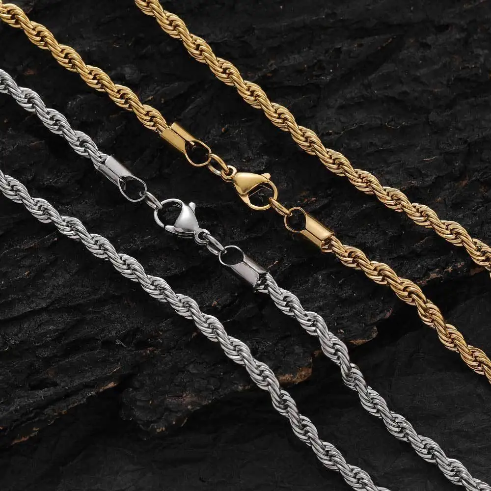 Factory wholesale pvd plating gold rope link chain stainless steel 2mm-5mm rope chain necklace