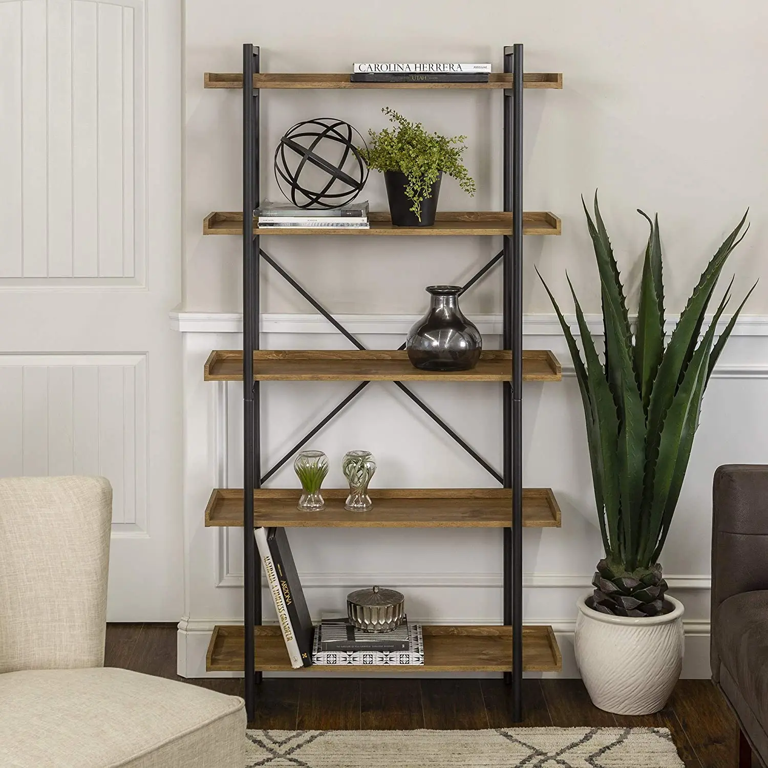 Nordic Style Office Oak Narrow Modular Wall Book Rack Nursery Simple Big Size Metal Wood Industrial Rustic 5-Shelf Bookshelf