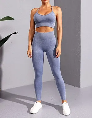 KB Acid Wash Yoga Set Faux Denim Seamless Fitness Yoga Sports Bra and Leggings Running 2-Piece Set