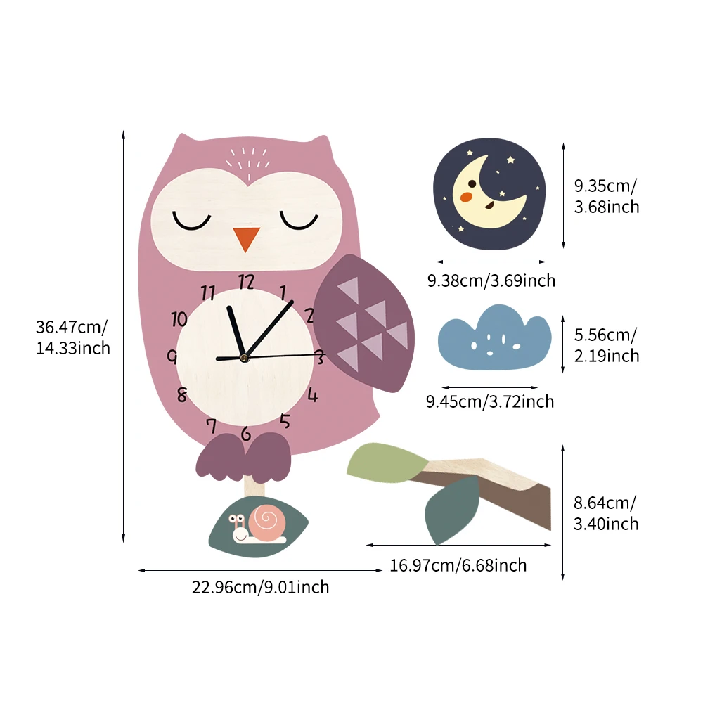 Funlife UWC016 Pink Owl Cartoon Cute Minimalist Wall Art Decoration Kids Room Wall Clock