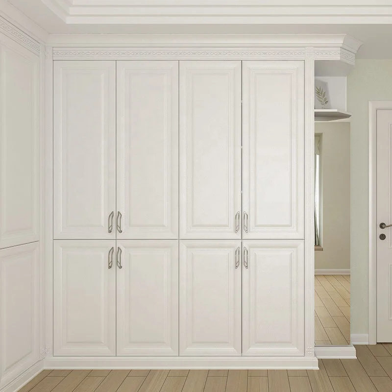 SUOFEIYA French Gloss White Wooden PVC Fitted MDF 4 Door Vintage Wardrobe Bedroom Set