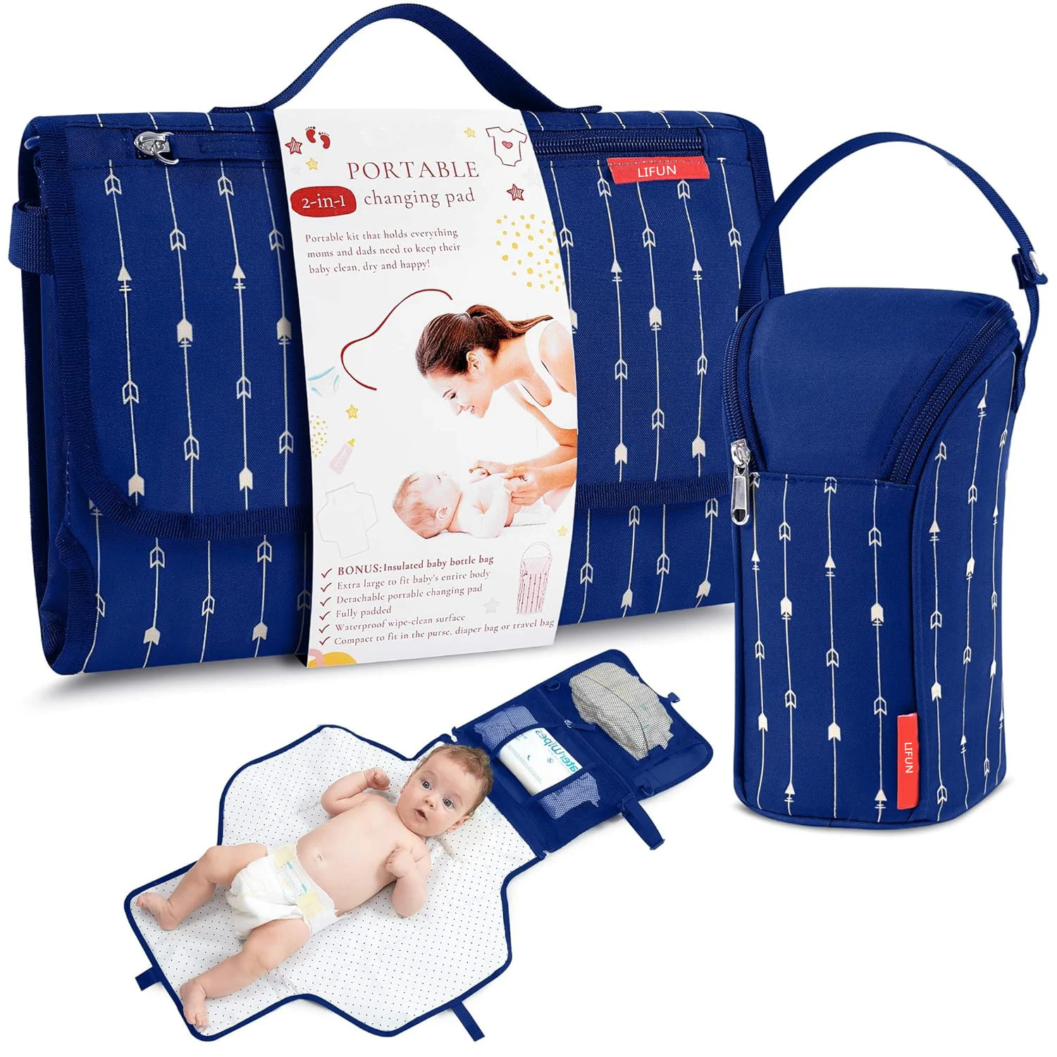 Portable Diaper Changing Pad Waterproof, Insulated Baby Bottle Bag, 2-in-1 Diaper Clutch and Changing Mat