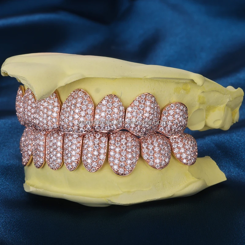 Factory Custom S925 Silver 10K 14K 18K Solid Rose Gold Grillz Teeth Iced out VVS Moissanite Lab Natural Diamond Grillz for Teeth
