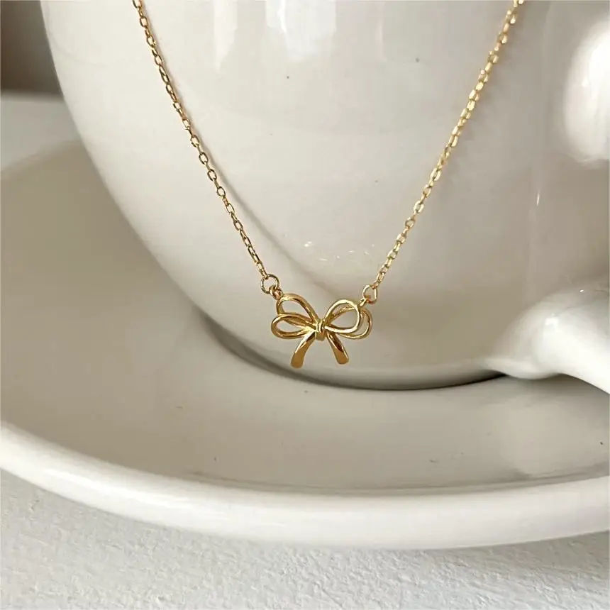 Fine Design Korea Jewelry 18k Gold Plated 925 Sterling Silver Bow Pendant Necklace Women Collarbone Chain Necklaces For Girls