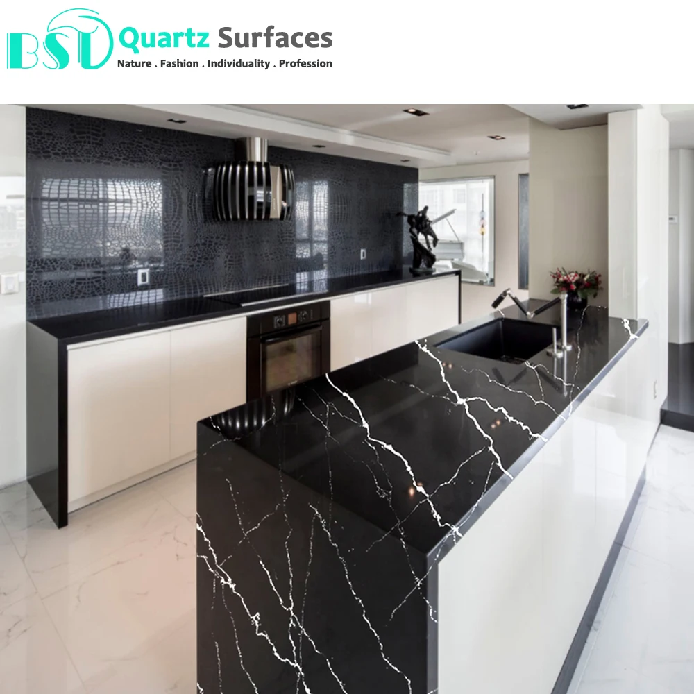 Marble Effect Black Engineered Quartz Stone Slabs Stone Look Marble Full Polished Glazed Matte Floor Porcelain Ceramic Tiles BST