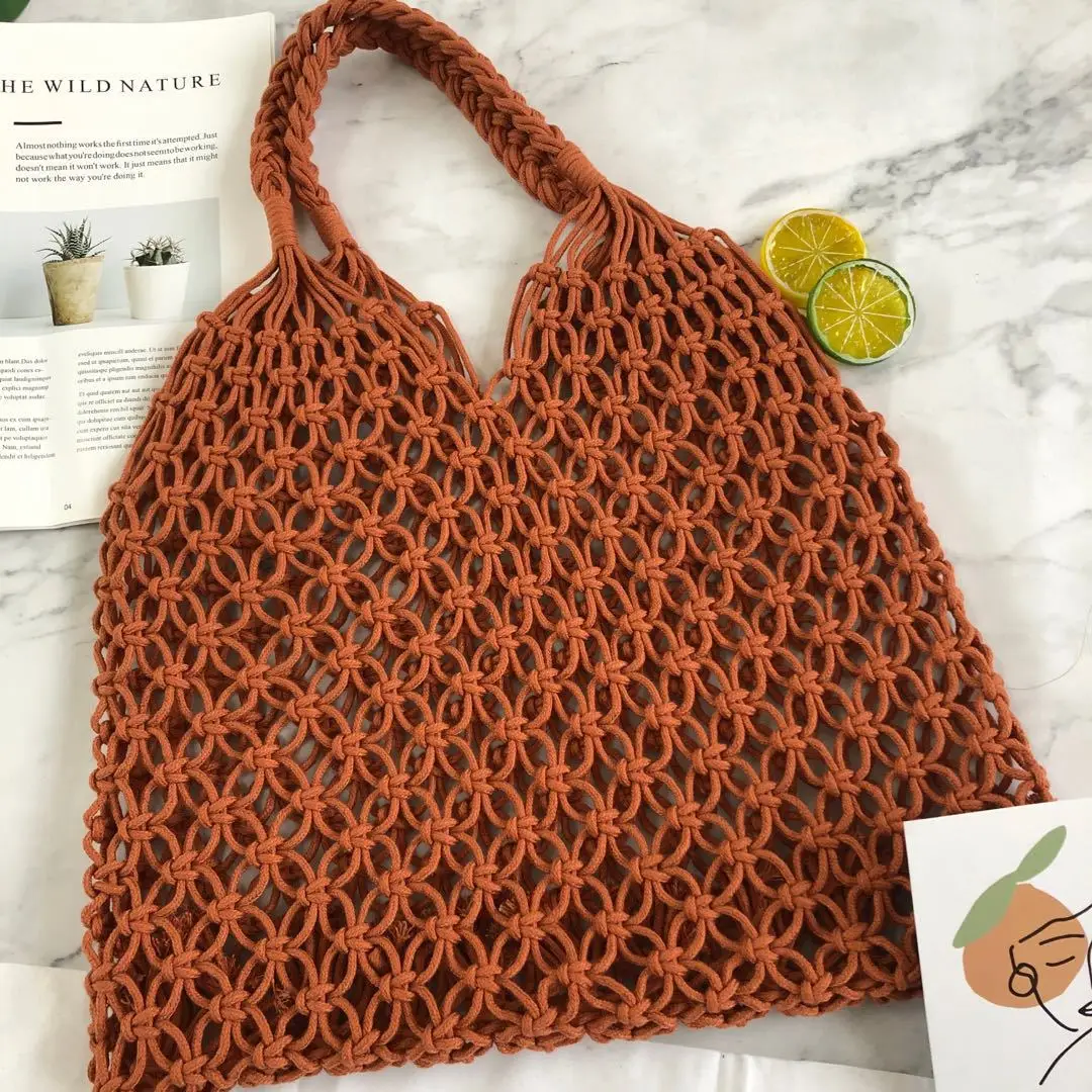 High Quality Knit High Capacity Luxury Hollow out Grid Wholesale Straw Beach Bags Rattan Beach Bag Tote Beach Bag
