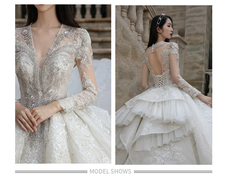 Heavy industry wedding dress spring bride V-neck senior sense big tail engagement banquet net red style long-sleeved dress