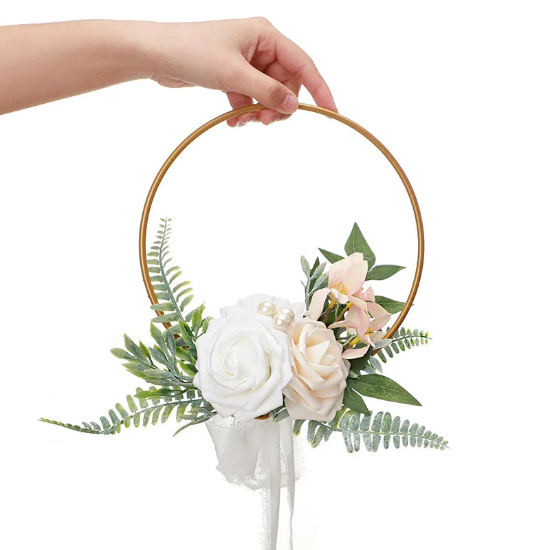 Wedding bridesmaids holding  Artificial Flower Hoop Wreath Garland Hanging for Front Door Backdrop Wall Rose