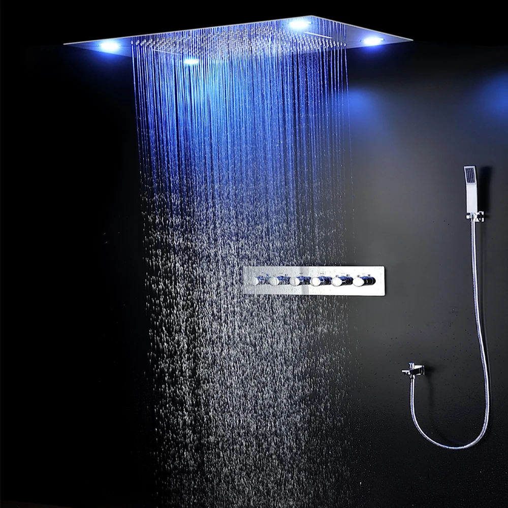 High Quality 24Inch LED Shower Set 5 Function Big Rain Shower Head Thermostatic Mixer Waterfall Mist Ceiling Panel Mirror Faucet