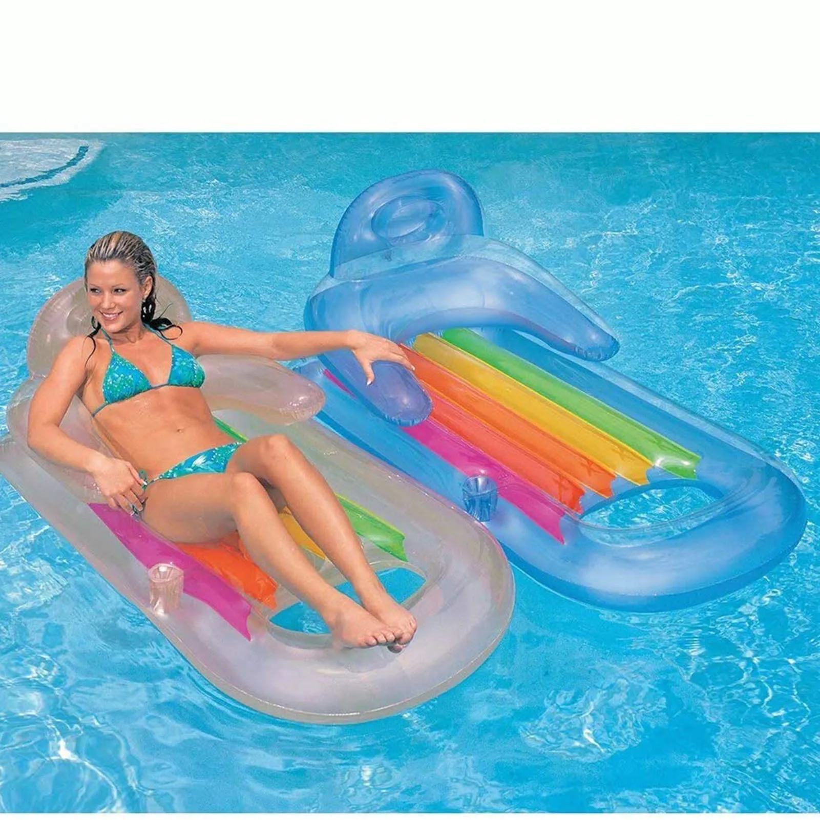 Inflatable Lounge with Headrest & Cup Holder Inflatable Pool Lounger Float for Adults Blue & Pearlescent Silver