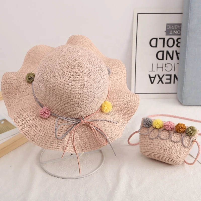 FREE SHIPPING CUSTOM kids baby children toddler sun summer beach girl straw cap hat and bags set with purse bag for kids BABY
