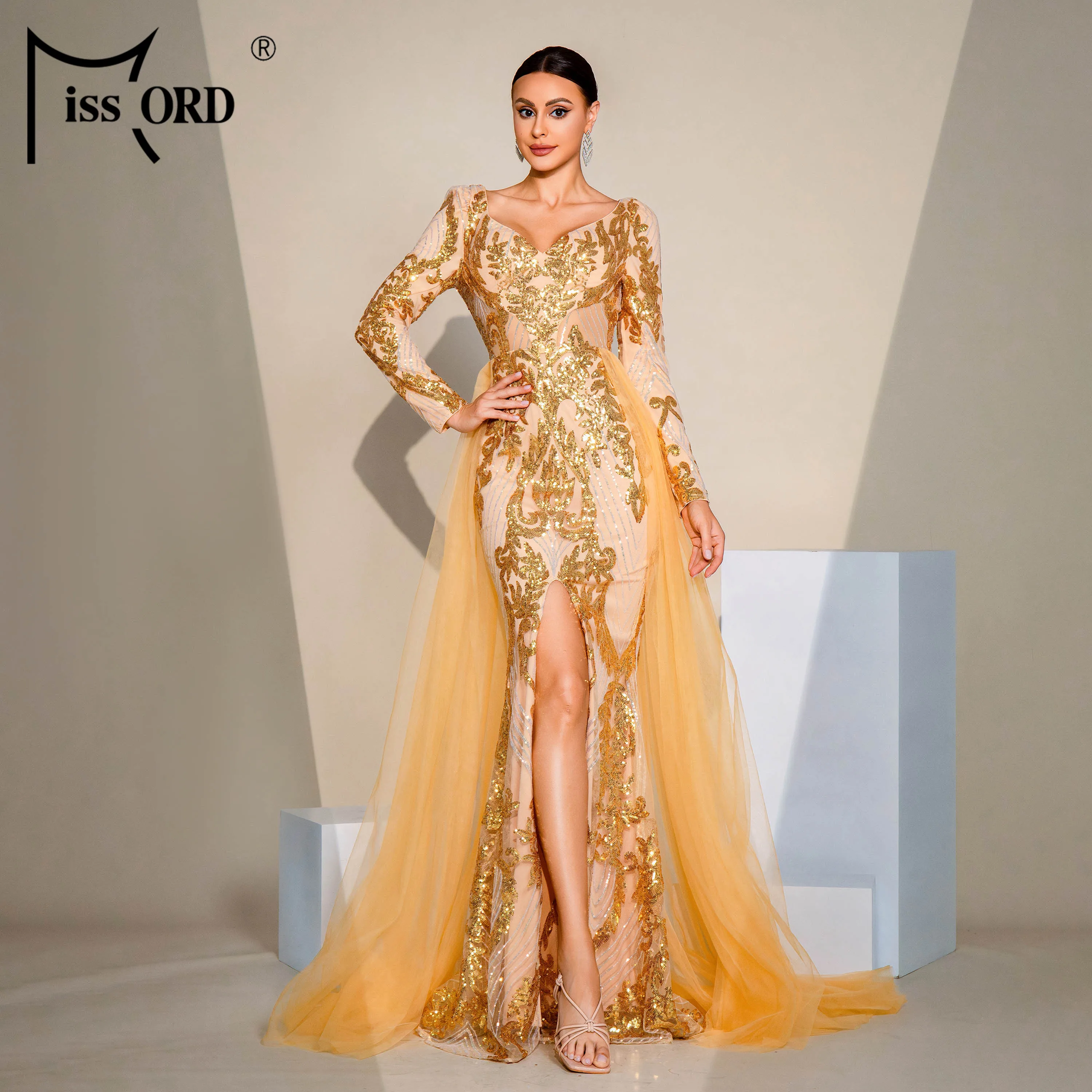 Golden Illusion Sequin Long Elegant Luxury Modest Evening Dresses for Women