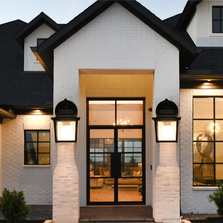 Waterproof Black Outdoor Garden Exterior Decorative Lights Metal Aluminum Simple Vintage Glass Wall Lamp