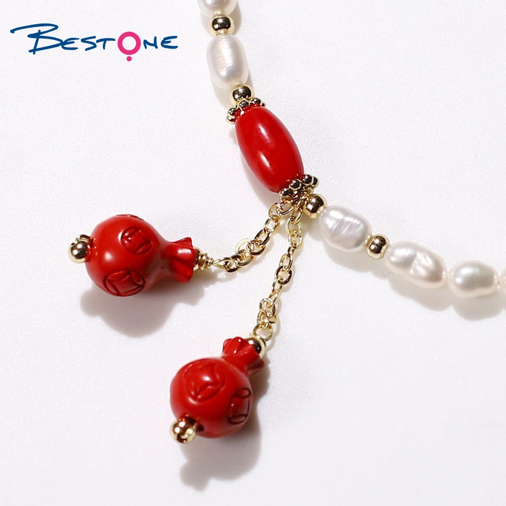 Bestone Red Sea Bamboo Beads Natural Fresh Water Pearl Bracelet with Cinnabar Lucky Bag Charm Stone