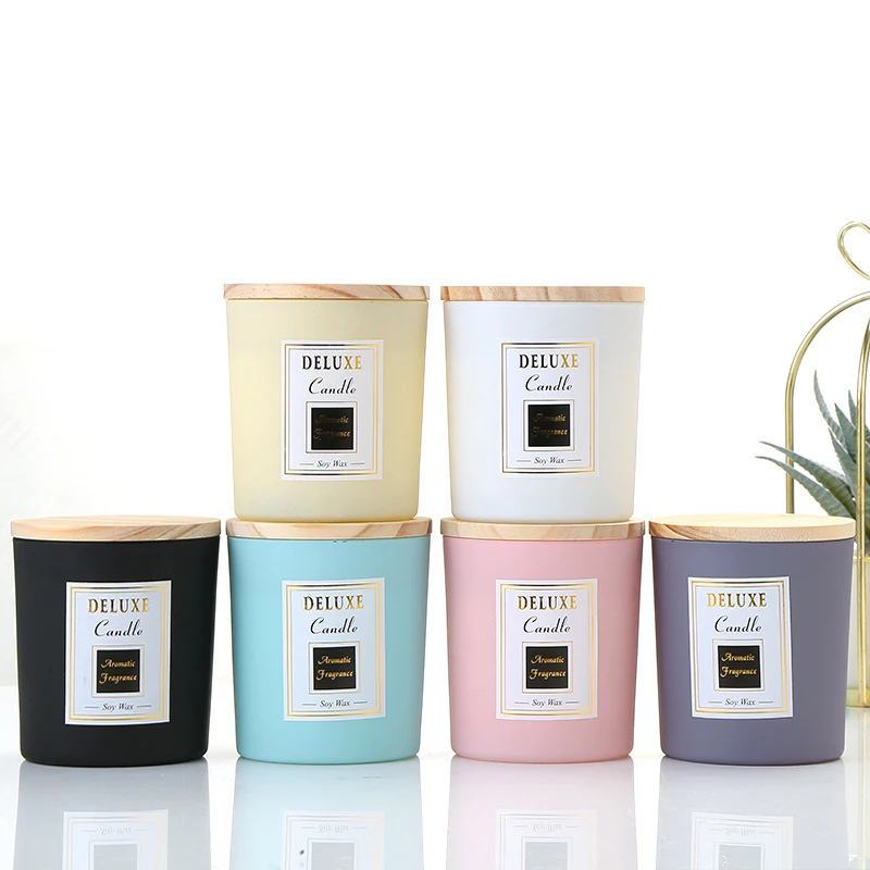 Luxury empty  Clear Matte Black White Frosted Glass Candle Jars With wooden Bamboo Lids For Candle Making Candle Container