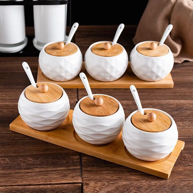 3 Piece Set Kitchen Unique Pattern Sugar Bowls Condiment Jar Ceramic Seasoning Can with Spoon and Bamboo Lid