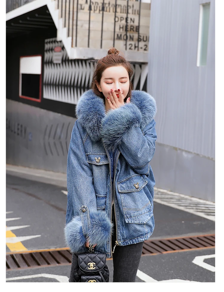
Fashion big fur jean jacket women coats denim jacket with jeans 