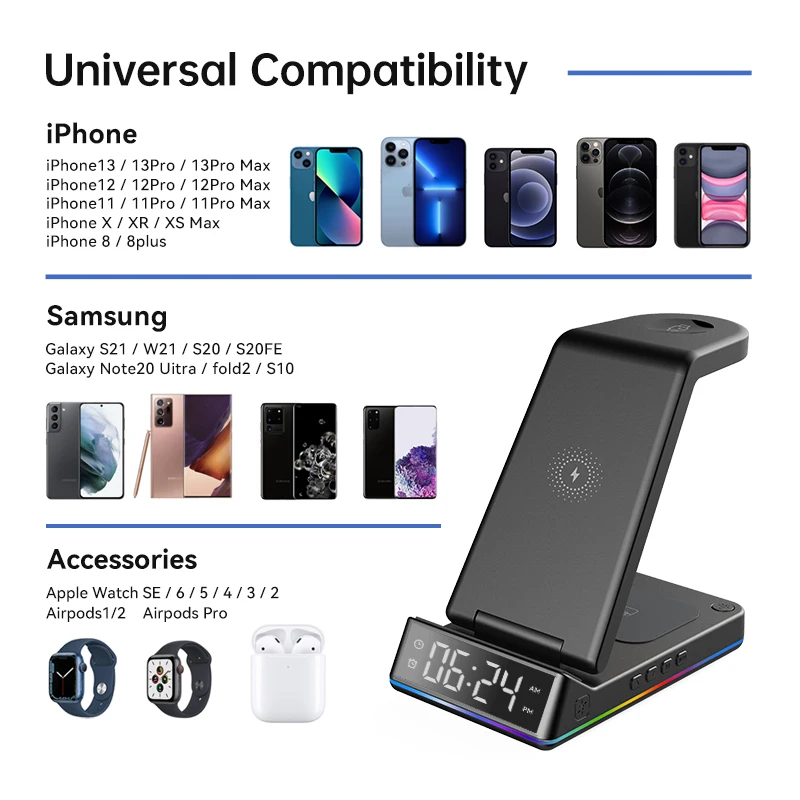 Mobile Phones Holder 2021 Wholesale Wireless Charger 5 in 1 Qi Stand 10W Fast Wireless Charging Adapter for iphone 12 Charger