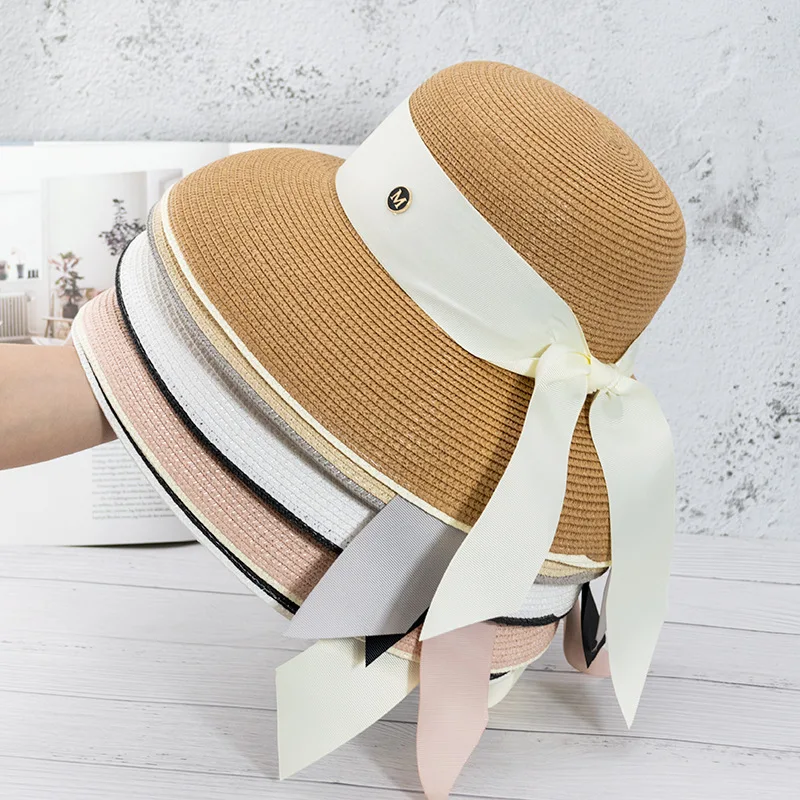 Hepburn lampshade straw hat female fairy sunscreen big brim hat bow tie retro hat French style
