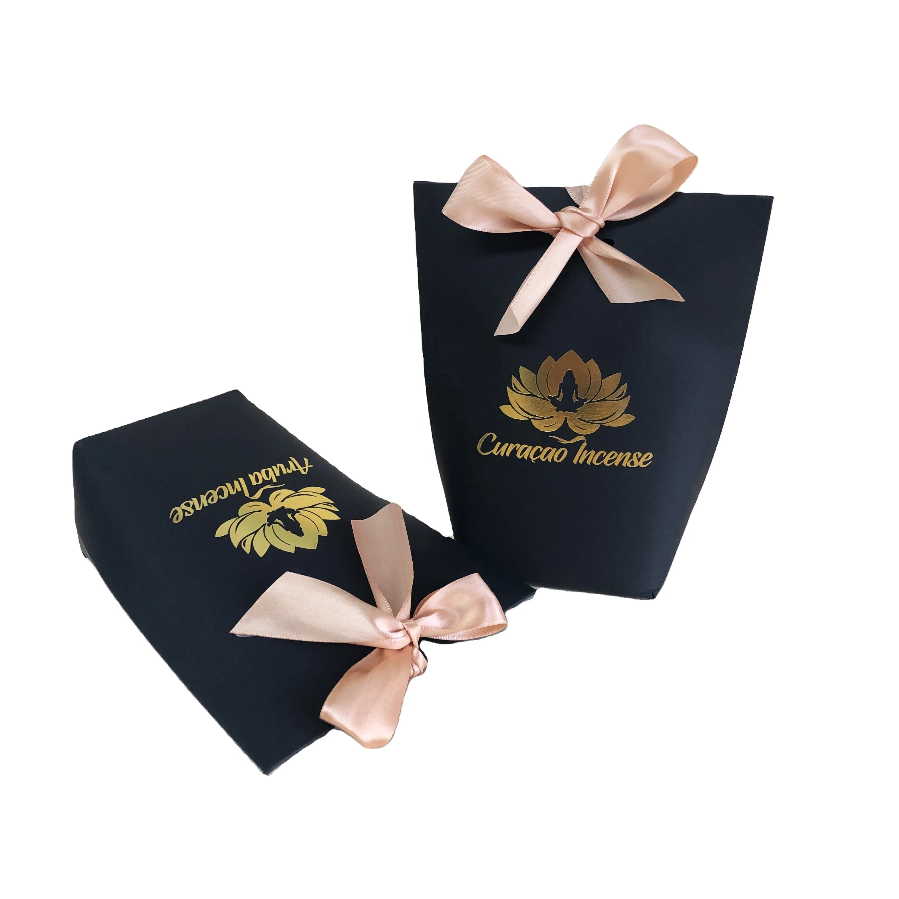 
Luxury black glossy custom printing cosmetic products packaging paper bag with pink ribbon handles 