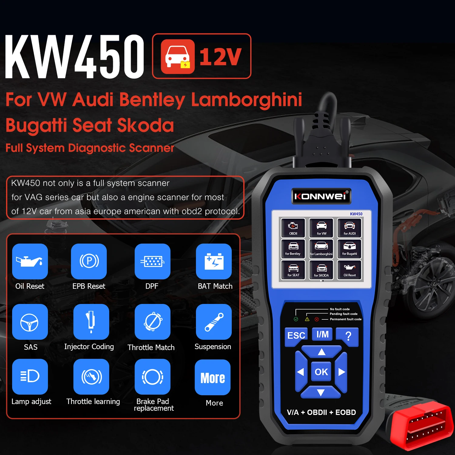 Vehicle diagnostic machine Konnwei KW450 ABS SRS system scanner with diesel engines injector coding for Audi cars