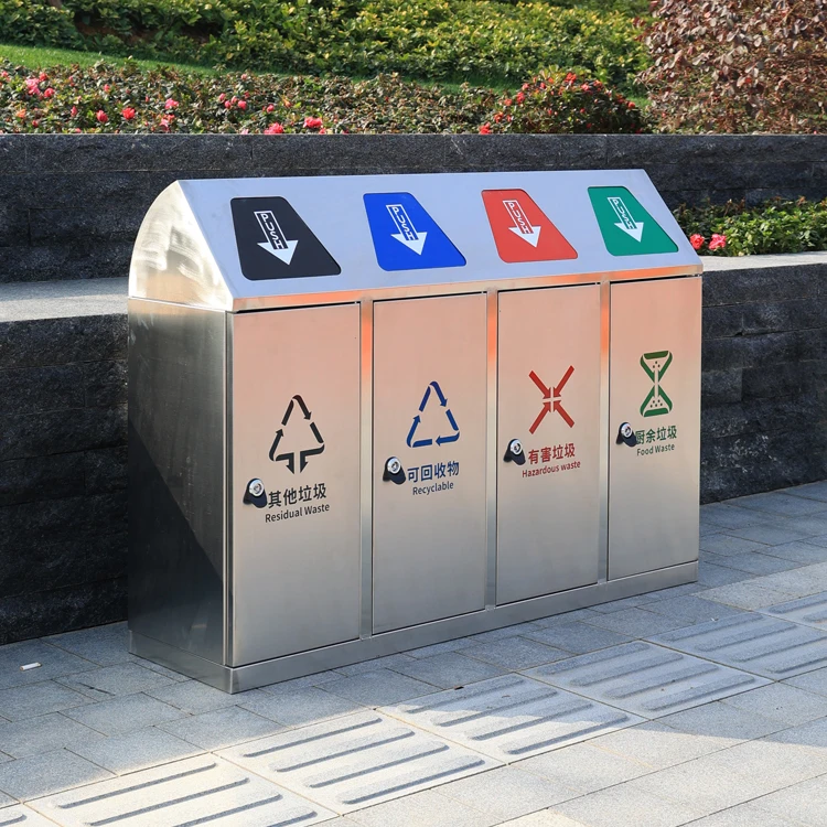 Creative Outdoor Stainless Steel Trash Can 4 Compartments Connected Street Recycling Bin Park Gym Standing Structure Garbage