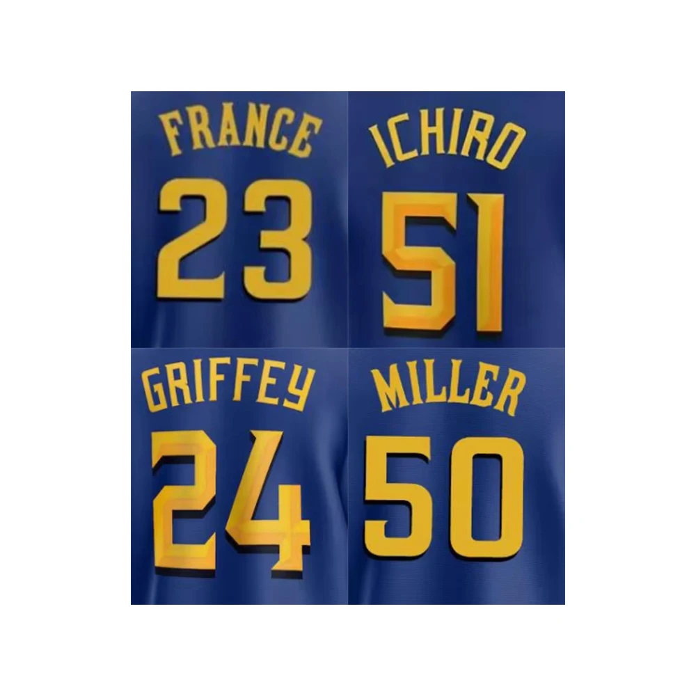Вышитая бейсбольная майка Seattle City Blue 24 Griffey Jr.44 Rodriguez 23 France 50 Miller 51 Ichiro 10 Kelenic