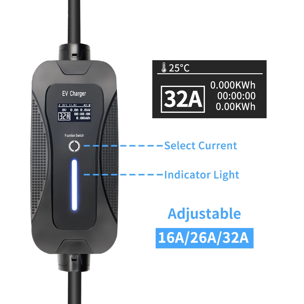 32A 7KW portable ev car charger type 2 and 5m cable with blue CEE 3 pins