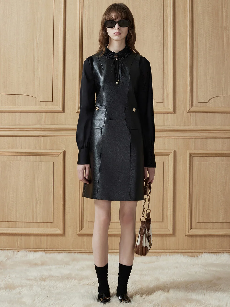 YRP012 Upmarket Chic Style PU Leather Jumper Skirt Good Quality Artificial Sheep Leather  Fluid Dress