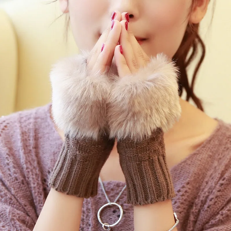 Wholesale Mittens Touch Screen Half-finger Winter Warm Mittens gloves Fluffy Thick Knitted Lady